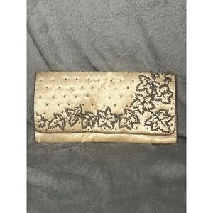 Vintage La Regale Champagne Beaded Satin Clutch Bag Leaf Pattern Made in Japan